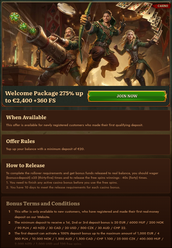 Details van het Wild Robin welkomstbonus pakket en stortingsniveaus